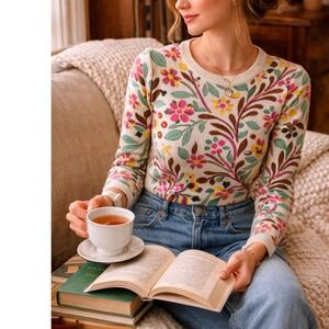 Talbots Womens Pure Merino Wool Sweater Floral Cottagecore Preppy Garden XS